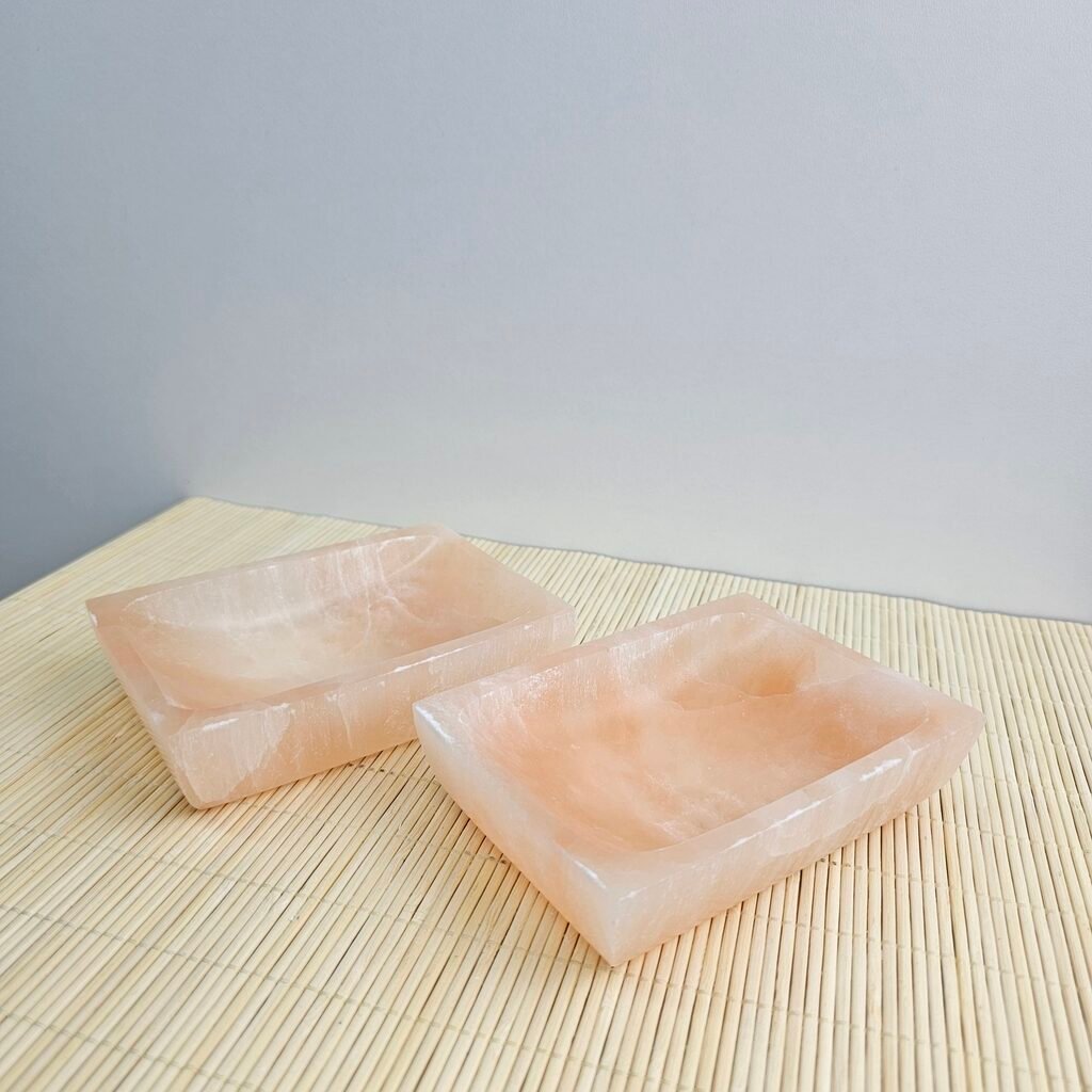 Peach Selenite Rectangular Bowl 12 cm
