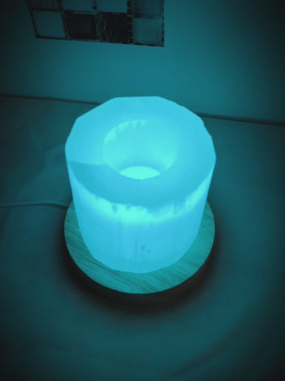 Handmade 2 in 1 Selenite Lamp & Candle Holder with Colored LED